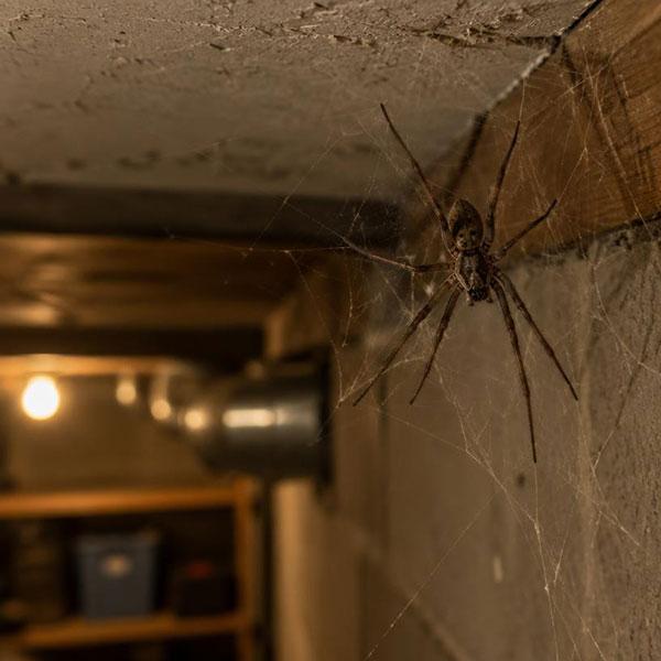 Common house spider on a web in the corner of a Toronto basement ceiling