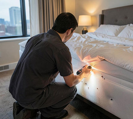 Technician checking a mattress for bed bugs with a flashlight