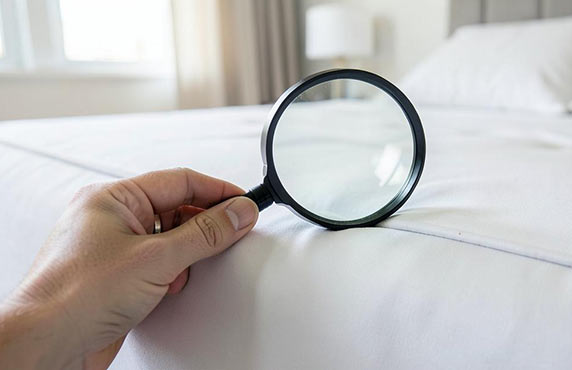 Hand inspecting a clean mattress seam with a magnifying glass, finding no evidence of bed bugs
