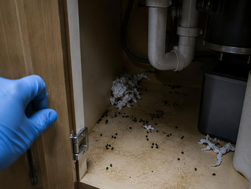 Gloved hand opening an under-sink cabinet with mouse droppings and shredded paper towel nesting inside