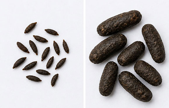 Side-by-side comparison of small pointed mouse droppings and larger blunt rat droppings