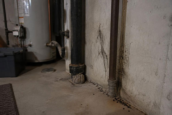 Greasy rub marks and rat droppings along a basement wall and pipe run