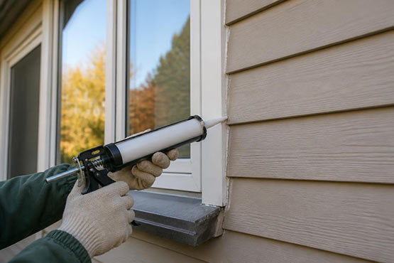 Gloved hands caulking a gap around an exterior window to keep stink bugs out