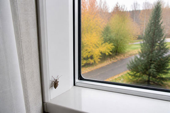 Stink bug crawling inside a window frame of a Toronto home in autumn