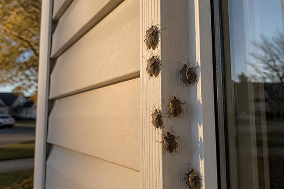 Stink bugs clustered on sunny house siding and window trim in fall in Ontario