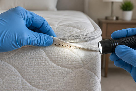 Gloved hands using a flashlight to inspect spotting along a mattress seam