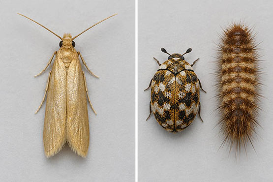Clothes moth next to a carpet beetle adult and its fuzzy bristly larva, showing the difference between the two fabric pests