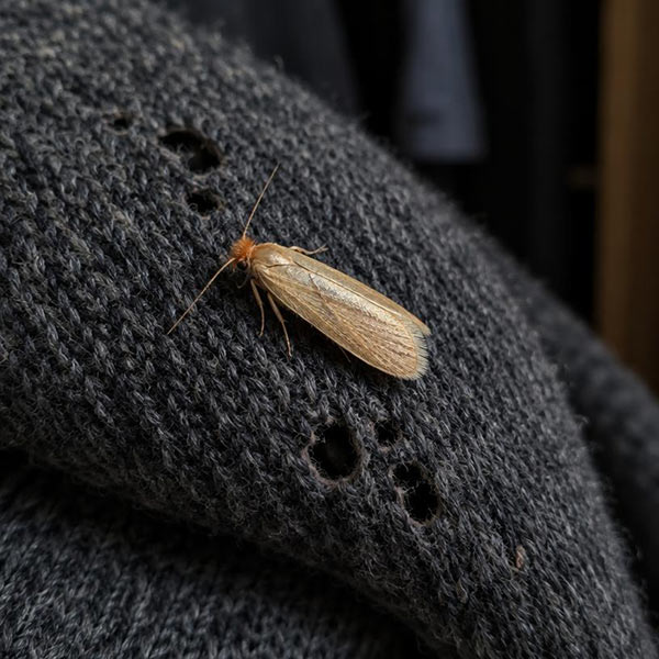 A small golden-buff clothes moth resting on a dark wool sweater with small irregular holes
