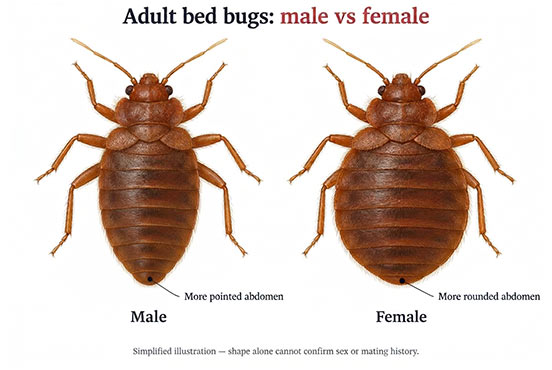 Simplified adult male and female bed bug comparison: the male is longer and narrower with a tapered abdominal tip, the female rounder and wider with a rounded tip