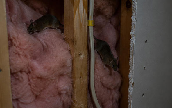 Cutaway view of a house wall showing mice travelling between insulation and wall studs