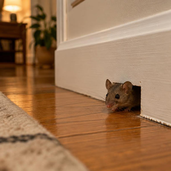 House mouse peeking out of a small gap at the base of a drywall baseboard in a Toronto home