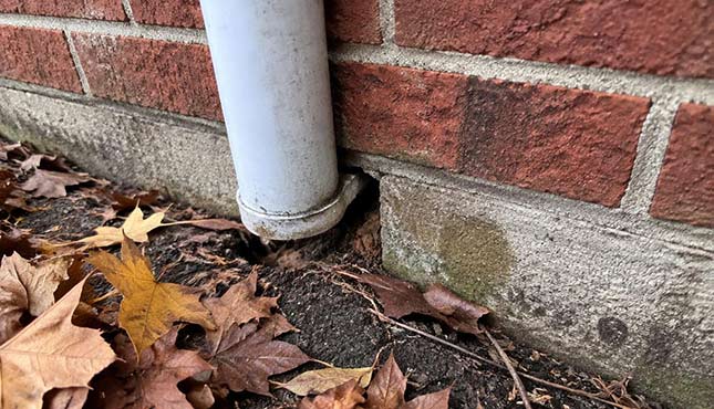 Small gap around a pipe entering a brick foundation where mice can squeeze into a home