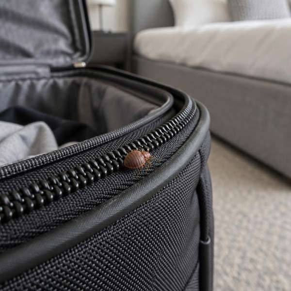 Single bed bug beside the zipper seam of a suitcase near a bed