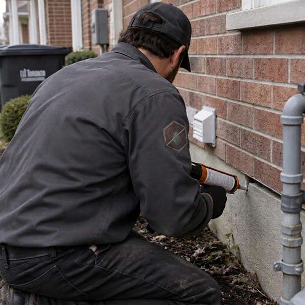 Swift-X technician sealing a mouse entry point with steel wool and sealant along an exterior wall